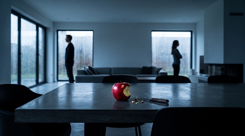 Ein angebissener roter Apfel liegt scharf fokussiert auf einem modernen Esstisch. Im unscharfen Hintergrund stehen ein Mann und eine Frau in einem dunklen Raum weit voneinander entfernt und wenden sich ab