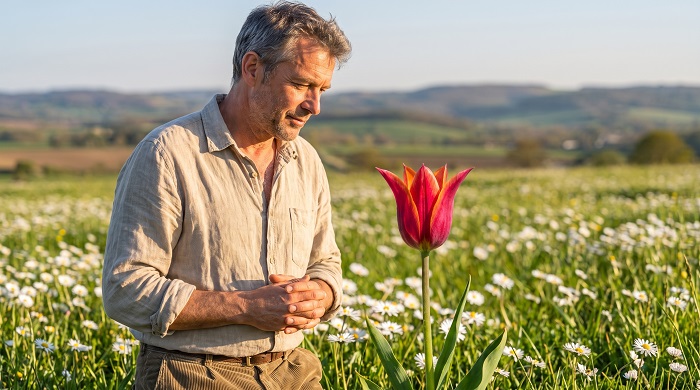 Ein zufriedener Mann betrachtet eine einzelne, herausragende Tulpe in einem Gänseblümchenfeld – Symbol für Selbstfindung und kompromisslose Lebensfülle